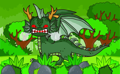 Fairytale dragon, magic lizard with wings and fire breathing serpent. 