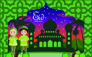 Happy eid mubarak vector style with muslim family and decorations