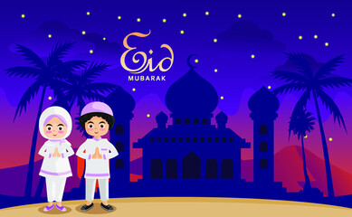 Happy eid mubarak vector style with muslim family and decorations