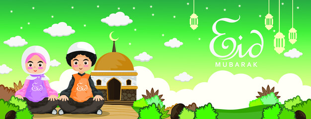Happy eid mubarak vector style with muslim family and decorations