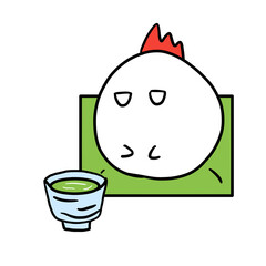 抹茶を飲もうとしているにわとり