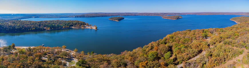 Aerial view of the nature autumn fall color of Tenkiller State Park