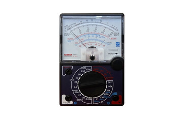 Cut out of analog multimeter with pointer needle is not in the zero position or Zero Error, isolated on white background with clipping path. Laboratory instruments in physics and engineering - obrazy, fototapety, plakaty