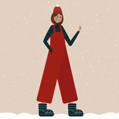 A friendly girl in full height, in a red jumpsuit and a winter hat, walks through the snow. On the eve of the Christmas holidays. Vector illustration in a flat style.