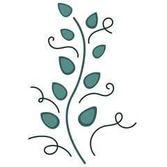 Decorative ornate twig Herbal vector flat pattern with green leaves. Decoration close-up.Transparent background. Botanical illustration for print, design.