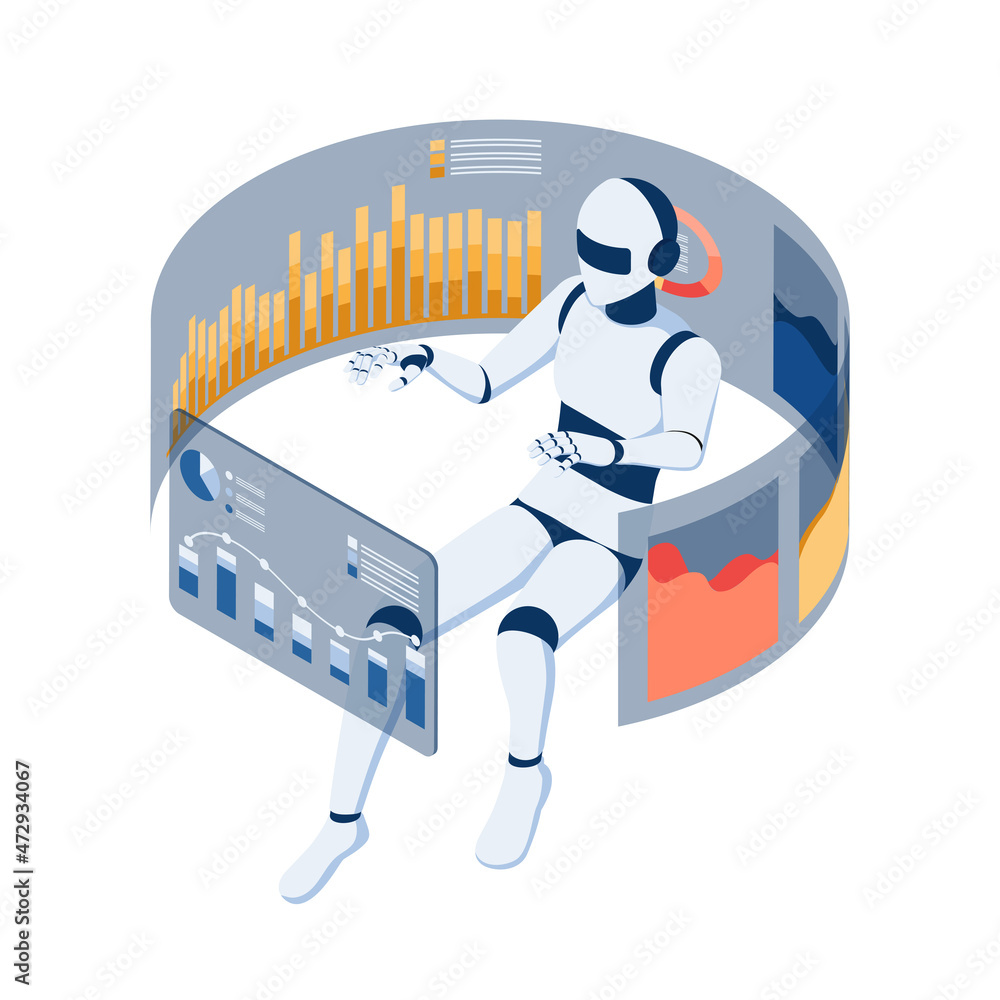 Poster isometric ai robot floating and analyse virtual business graph chart