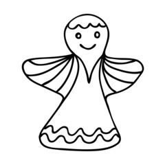 Christmas gingerbread angel doodle vector. Hand-drawn gingerbread man with traditional Christmas angel wings