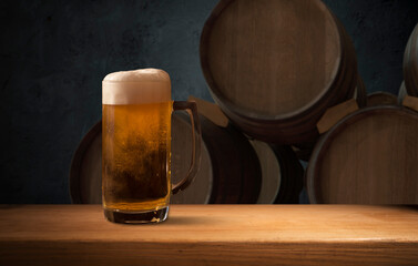 Beer brewing ingredients Hop in bag and wheat ears on wooden cracked old table. Beer brewery...