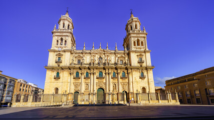 Fototapeta na wymiar Great cathedral of the city of Jaen and esplanade next to its main facade. Andalusia Spain.