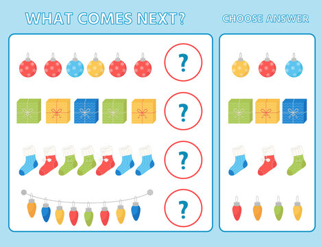 Christmas game for children yna develop logic. What's next? Find the correct answer and circle. Vector illustration