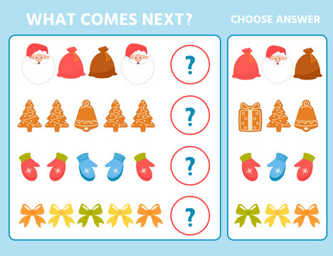 Christmas game for children yna develop logic. What's next? Find the correct answer and circle. Vector illustration