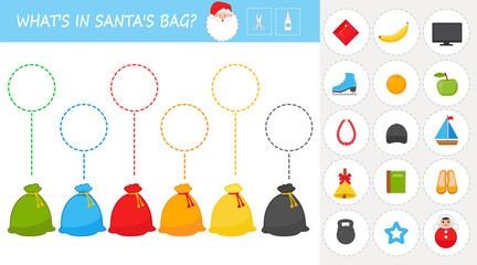 Christmas game game for children. Find out what's in Santa's bag. Study of colors. Vector illustration. Worksheet for printing. Development game