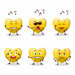 An image of yellow love gummy candy dancer cartoon character enjoying the music