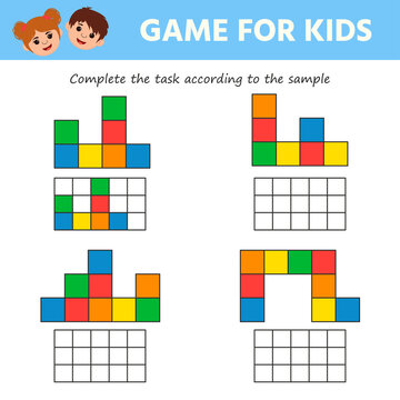 Educational worksheet for kids. Game for Kids. Count the number of cubes and paint as in the sample. Vector illustration