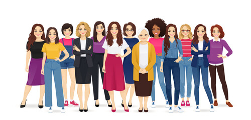 Multiethnic multicultural group of different casual business women standing together isolated vector illustration