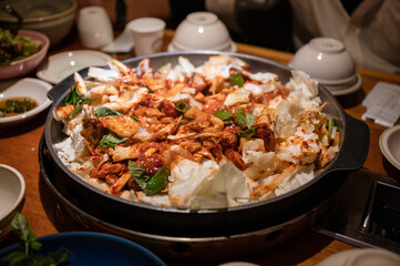 Dakgalbi barbeque chicken with vegetable mixed in pan
