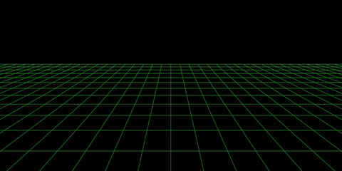 3d wireframe grid room. 3d perspective laser grid. Cyberspace black background with green mesh. Futuristic digital wall in virtual reality. Vector illustration.