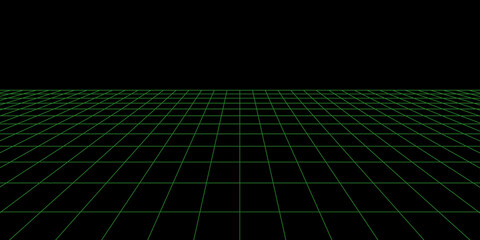 3d wireframe grid room. 3d perspective laser grid. Cyberspace black background with green mesh. Futuristic digital wall in virtual reality. Vector illustration.