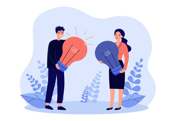 Tiny employees with light bulbs on or off in hands. Man holding glowing lightbulb flat vector illustration. Innovation, business idea generation concept for banner, website design or landing web page