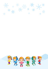 Obraz na płótnie Canvas 雪降るゲレンデでスキーを楽しむ可愛い小さな子供たちのイラスト　テンプレート　コピースペース