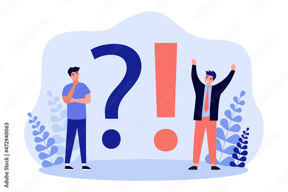 Poster tiny people standing near question and exclamation marks. persons solving problems, thinking about i