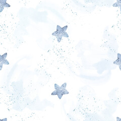 Watercolor seamless pattern gentle golden and blue stars on white background. Hand made illustrations print. For design, baby room, cards, linens, linen, wallpaper, cases design, posters. © NastiyaMaki