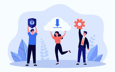 Tiny users with lock on shield, gear and cloud for remote access. People using digital database flat vector illustration. Cloud service, security concept for banner, website design or landing web page
