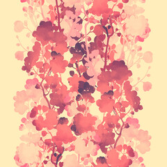 Obraz na płótnie Canvas Sakura blossom silhouettes vintage seamless pattern. Digital hand drawn picture with watercolour texture. Mixed media artwork. Endless motif for packaging, scrapbooking, decoupage, textiles.