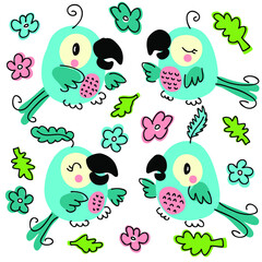 Hand drawn parrots and flowers collection. Perfect for T-shirt, poster, textile and print. Doodle vector illustration for decor and design.

