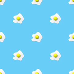 Fototapeta na wymiar Seamless pattern. Image of chicken egg on pastel blue backgrounds. Egg with round yolk. Surface overlay pattern. 3D image. 3D rendering.