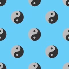 Seamless pattern. Image of Yin Yang symbol on pastel blue backgrounds. Symbol of opposite. Surface overlay pattern. 3D image. 3D rendering.