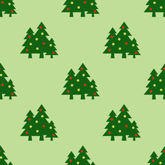 Seamless pattern. Image of green Christmas trees with balls on pastel pea backgrounds. Symbol of New Year and Christmas. Template for application to surface. 3D image. 3d rendering