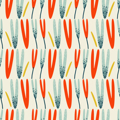 Stylish, cute background, seamless pattern with flowers, hearts, plants. Vector floral illustration.