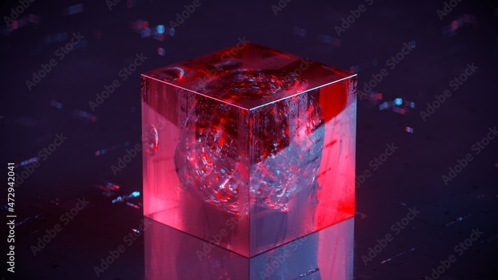Poster glowing red sphere in glass cube. nanotechnology research process visualization. 3d rendering illust