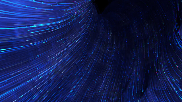 Blue neon light trails vortex 3D rendering illustration
