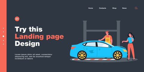Female driver and broken car at auto service. Woman talking to mechanic, worker examining damaged vehicle flat vector illustration. Car repair concept for banner, website design or landing web page