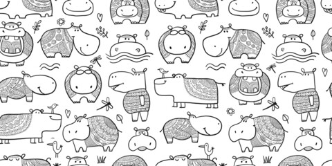 Hippopotamus family, cute hippo characters. Seamless Pattern Background for your design