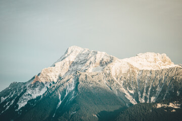 Mt. Cheam Mountain peak in the winter with snow on top of the peak, located in Chilliwack BC Canada near Vancouver, Whistler, Squamish, Abbotsford and Hope.