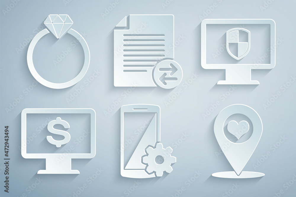 Poster set setting on smartphone, monitor and shield, with dollar, map pointer heart, transfer files and di
