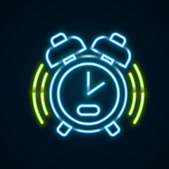 Glowing neon line Alarm clock icon isolated on black background. Wake up, get up concept. Time sign. Colorful outline concept. Vector