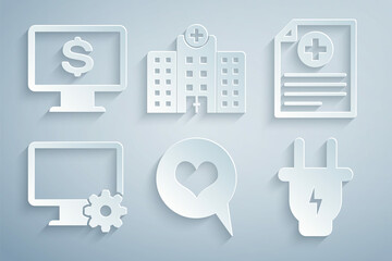 Set Heart in speech bubble, Clinical record, Computer monitor and gear, Electric plug, Medical hospital building and Monitor with dollar icon. Vector
