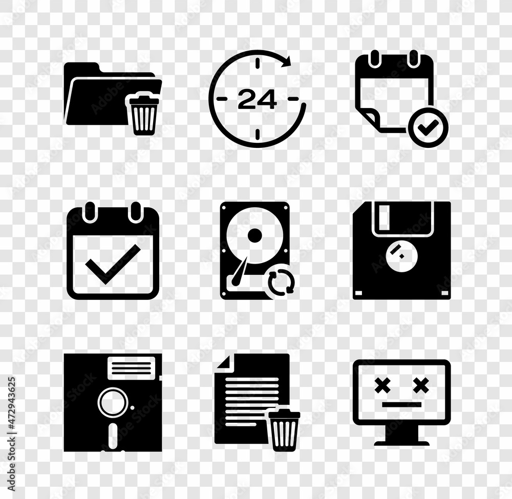 Poster set delete folder, clock 24 hours, calendar with check mark, floppy disk in the 5.25-inch, file docu