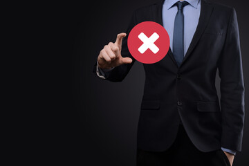 Hand holds icon,cancellation symbol,cancel icon.Cross mark flat red icon.round X mark.cancel...