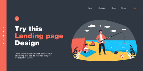 Father fishing on beach with his little son. Flat vector illustration. Young man and boy spending time in tent on shore, making bonfire. Childhood, nature, fatherhood, travel, hike, tourism concept