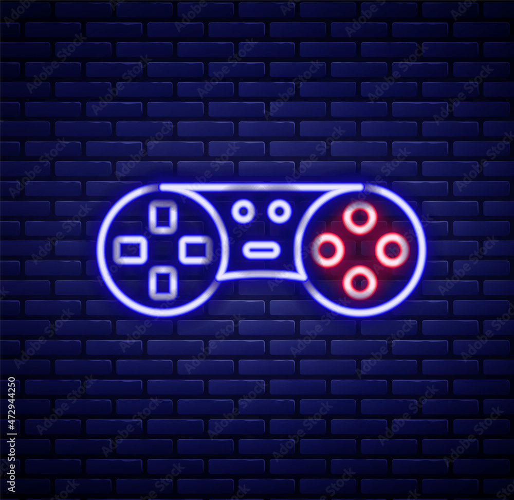 Poster glowing neon line game controller or joystick for game console icon isolated on brick wall backgroun