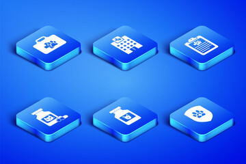 Set Animal health insurance, Pet first aid kit, Dog medicine bottle, Cat and pills, Veterinary hospital and Clinical record pet icon. Vector