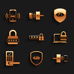 Set Password protection, Shield and eye, Digital door lock with wireless, Laptop password, and icon. Vector