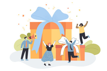 Joyful employees receiving gift for loyalty, brilliant idea or good job. Employer paying reward to winner under confetti flat vector illustration. Birthday present from coworker, special bonus concept