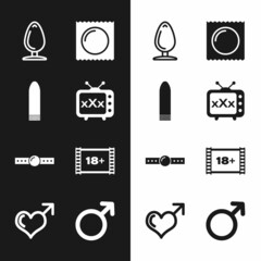 Set Sex tv old television, Dildo vibrator, Anal plug, Condom in package, Silicone ball gag, Play Video with 18 plus, Male gender symbol and and heart icon. Vector