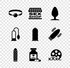 Set Silicone ball gag, Sex shop building, Anal plug, Dildo vibrator, Bottle with pills for potency, Film reel, Penis pump and Condom safe sex icon. Vector - obrazy, fototapety, plakaty